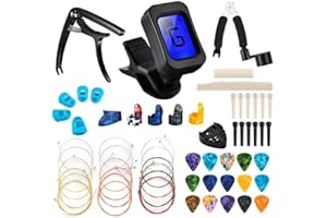 Olycism Guitar Accessories Kit - 61 PCS Tools Set Including Picks, Capo, Tuner, Strings, 3 in 1 String Winder, Bridge Pins, Bone Bridge Saddle and Nut, Finger Picks