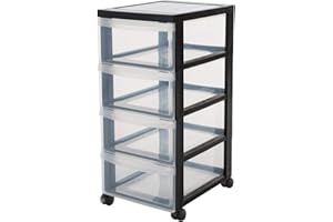 Kreher® Praktischer XL Schubladenwagen mit vier Schubladen aus robustem Kunststoff. Rollbar, in Schwarz/Transparent. Ordnung in Büro, Haushalt und Kinderzimmer!