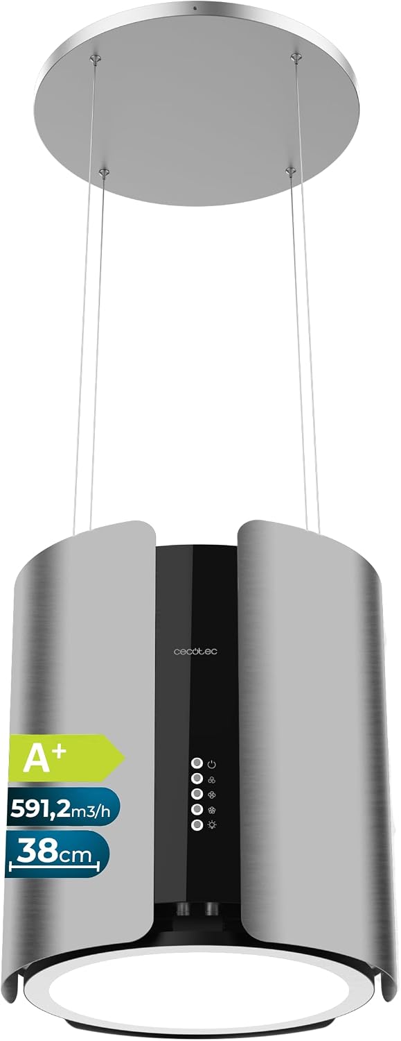 Cecotec Campana Extractora de Isla Redonda 38 cm Bolero Flux CRE 385500 Inox A+. Succión 591,2 m³/h, Control de Botones Electrónicos, Filtro de Carbono, Clase A+, Motor DC