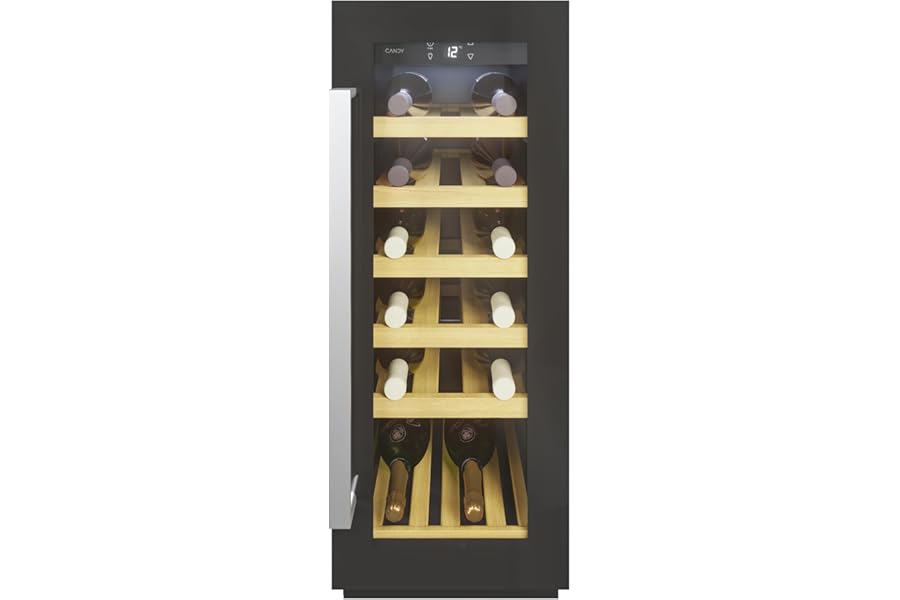 Candy DiVino Built-in Wine Cellar, 20 Bottles, 1 Zone, with Anti-UV Glass and Activated Carbon Filter, 6 Shelves in Wood, LED Light, Class F, 29.5 x 57.5 x 81.4 cm, Black - CCVB 30/1