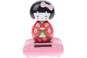 Amosfun Solar Powered Bobble Head Japanese Kimono Maiko Car Decoration Interior Ornament Cartoon Toy Car Dashboard Office Desk Home Decor Red