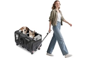 PETCUTE Caisse de Transport pour 2 Chat avec Roulette,Respirant Sac de Transport pour Chats,Sac de Transport pour Animaux de Compagnie avec Laisse de Sécurité,Voyage en Voiture, Camping,Noir