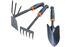 JILSKL Gartenwerkzeug-Set, 3-teiliges Rostfrei Gartenset Werkzeug Set, Gartenschaufel Klein Gartengeräte Set, Rostfrei Gartenset Werkzeug Set, Bestehend aus Doppelhacke, Handrechen, Gartenschaufel