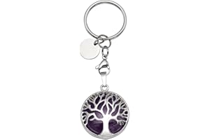 JOVIVI Silver Tree of Life Natural Amethyst Crystal Healing Reiki Chakra Gemstone Pendant Keyring Keychain Handmade DIY ID Tag Key Ring,31*27mm