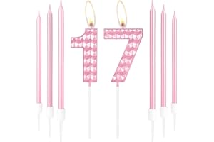 MCISKIN 17th Birthday Decorations - Pink 3D Number 17, Long Candle, Cake Topper for Girls Kids Women Birthday Party Wedding Anniversary Supplies