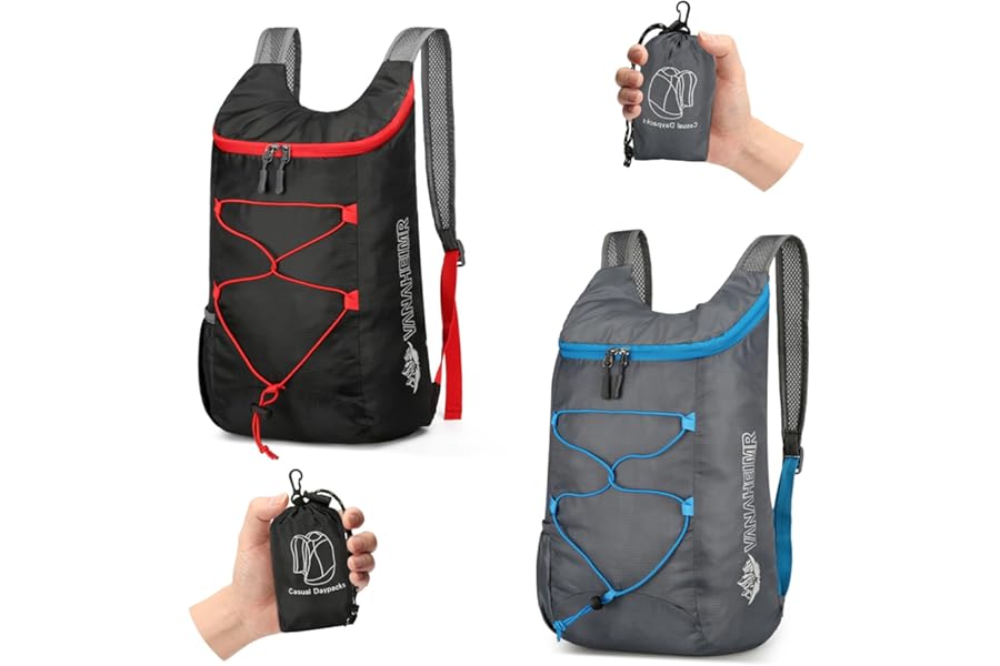 Sahunfri 2 Pcs Ultra Lightweight Backpack, Foldable Backpack Water Resistant Travel Rucksack, Multi-Functional Foldable Backpacks Womens Men For Camping, Hiking, Biking(Black Grey)
