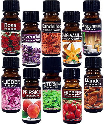 Set von 10 (zehn) Duftöle . Wesentliche Sensations. Vanille, Apfel, Wildkirsche , Kokosnuss, Orange, Mandarine, Rose, Erdbeere, Pfirsich, Lavendel. - 2