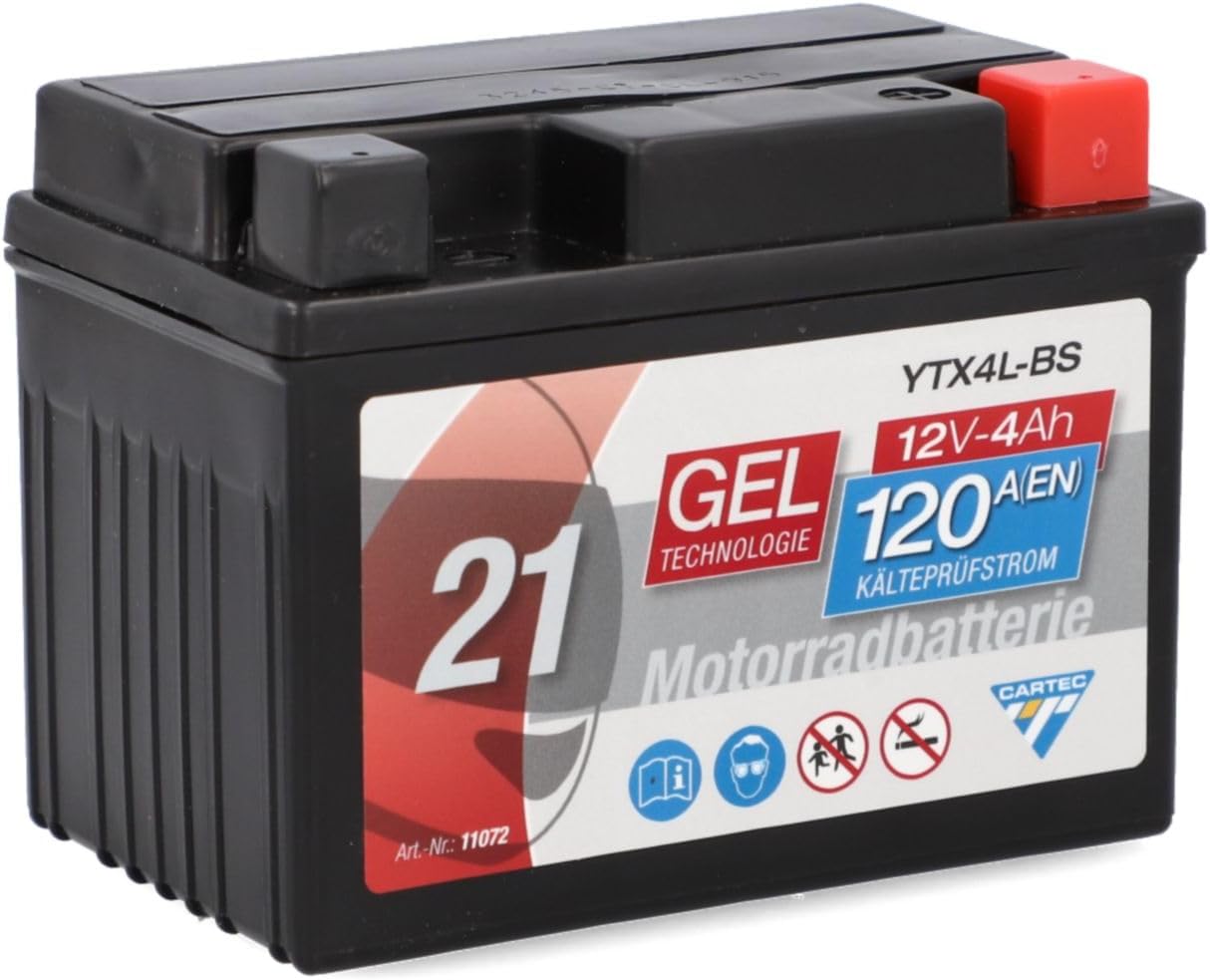 CARTEC Batterie de moto YTX4L-BS, 4 Ah, 120 A, technologie gel, qualité fabricant d'équipement d'origine, résistante aux cycles, stockable, sans entretien, noire
