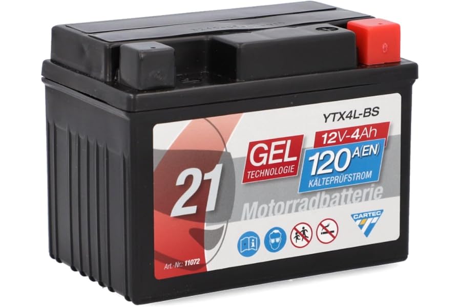 CARTEC YTX4L-BS - Batería para motocicleta, 4 Ah, 120 A, tecnología de gel, calidad original, resistente al ciclo, almacenabl