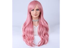 YEESHEDO 32" 80 cm Long Wavy Curly Hair Cosplay Wigs with Bangs for Women Heat Resistant Synthetic Wig for Party Costume Anime Halloween (Pink)