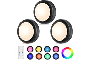 WUYOR LED Schrankbeleuchtung Unterbauleuchte Kabellos, RGB Spots Batterie Dimmbare mit Fernbedienung 16 Farben, Timer, LED vitrinenbeleuchtung mit Batterie, 3 Stück, Schwarz
