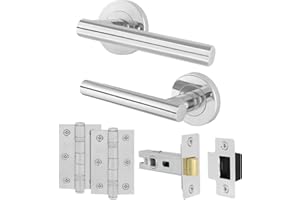 EAI Door Handle Latch Set Polished Chrome | Round T-Bar Internal Door Handles, Latch (64mm) & Hinges (76mm) | Silver Lever on Rose Oliena Range