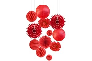 Easy Joy Ensemble de Décoration de Fête Rouge, Pompon en Papier de Soie Évantail Rosace Papier Boules en Nid d'abeille Landerne Chinois Deco pour Chambre,Marriage,Anniversaire Lot de 13