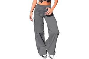 Nuofengkudu Cargo Pantalones Anchos Mujer 6 Bolsillos Campana Elasticos Cintura Alta Elegante Largo Pantalón Trabajo Fiesta Moda Adolescente Y2K Casual Punk