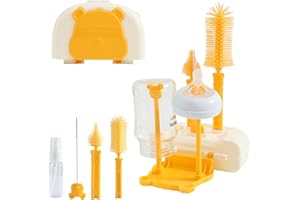 FUSACONY Baby Bottle Brush Set 7 in 1, Travel Portable Silicone Bottle Brush, Teat Brush, Straw Brush, Bottle Drying Rack, Soap Dispenser and Storage Case (Yellow Bear)