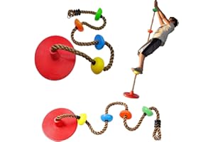 IFOYO Climbing Rope and Kids Tree Disc Swing Seat Set, 2m / 6.5ft Kids Climbing Rope with Foot Holder Platforms Climbing Rope for Kids Over 4 Years Support 440lbs/200kg, Red