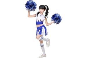 LOLANTA Costume da Cheerleader per Ragazze Uniforme da Cheerleader con Pompon(Blu, 6-7 Anni,Dimensione del Tag 130)