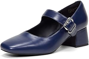 GENSHUO Women's Low Chunky Block Heels, 2 Inch Mary Jane Shoes Square Closed Toe Ankle Strap Dress Office Church Pumps, Black Beige Navy Blue, 3.5-8.5 UK