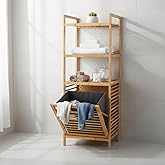 Deconox Doğal Bambu 3 Katlı Banyo Rafı ve &Ccedil;amaşır Sepeti Havluluklu Ahşap D&uuml;zenleyici (40x30x119 cm)