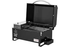 Onlyfire Upgraded Pellet Smoker BBQ Table Top Portable 8 in 1 Multi-Function Outdoor Barbecue Grill for RV Camping Tailgating with Auto Temperature Control, Meat Probe & 2 Tiers Cooking Area, Black