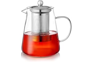 PluieSoleil Klarglas-Teekanne mit Teesieb, runde Teesieb-Teekanne, hitzebeständige Borosilikatglas-Sieb-Teekanne, sicherer Teebereiter für den Herd (950 ml)