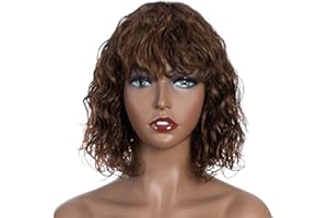 FASHION IDOL Peluca de Cabello Humano Rizado Bob para Mujeres Negras Peluca de Cabello Humano Puro Brasileño de 10 Pulgadas Ondulado Profundo con Flequillo 150% Desidad (Marrón, 25CM)