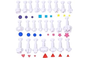 CRETHINK Juego de cortadores de émbolo para fondant, 24 piezas, cortadores de fondant, cortadores de pasteles, para decorar corazones, flores, estrellas, forma geométrica