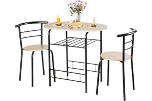 GiantexUK 3-Piece Dining Table Set, Metal Frame Kitchen Table Set with Storage Shelf, 2 Chairs, Compact Breakfast Bar Table Set for Home Kitchen Living Room Apartment Office (Natural + Black)