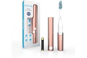 Sonisk Pulse | Battery Powered Electric Toothbrush | Portable Travel Size with Antimicrobial Sonic Technology | 1x Battery, 2X Brush Heads, 1x Travel Case Included (Rose Gold)
