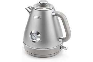 Hazel Quinn Bollitore Elettrico, Bollitore Elettrico Vintage Con Termometro, Acciaio Inossidabile E Privo Di BPA, Base Cordless A 360 Gradi, Spegnimento Automatico, 1.7 Litri, 2200 Watt - Grigio Scuro