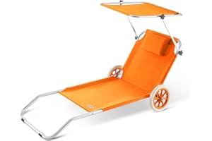 ‎CASARIA Casaria® Sonnenliege Klappbar mit Dach Strandliege mit Rollen Tasche Outdoor Klappliege Liegestuhl Abnehmbarer Sonnenschutz Liegestuhl 115kg Orange