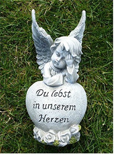 Trauerengel Grabschmuck Engel auf Herz *Du lebst in unserem Herzen* grau-antik - 2