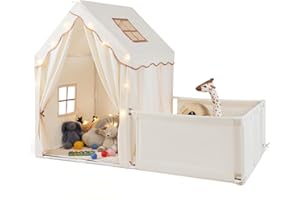 COSTWAY Kids Play Tent, Indoor Toddler Playhouse with Playpen, Washable Cotton Mat, Star Lights, Large Castle Fairy Tents for Girls Boys (Beige)