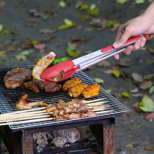 TTLIFE 2PCS Silikon Grillzange Küchenhelfer Mehrzweck Edelstahl Küchenzange Bratenzange BBQ Brot Tongs perfekt für Küchen Restaurant Camping9’+12’(Rot) - 6