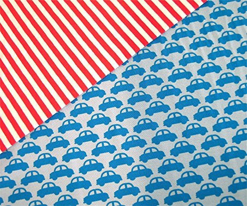 0,5m Jersey Autos blau-türkis & 0,5m Ringel Jersey rot/ weiß Muster-Mix 95% Baumwolle 5% Elastan Stoffbreite 1,4m (insgesamt 1m x 1,4m)