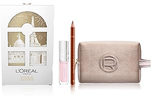 L'OREAL PARIS L'Oréal Paris Natale Pochette Regalo MakeUp con Lucidalabbra Plump Ambition e Matita Labbra Color Riche, Per i Look Festivi, Con Elegante Pochette Champagne in Velluto, 101 Crystal Clear, 236 Organza