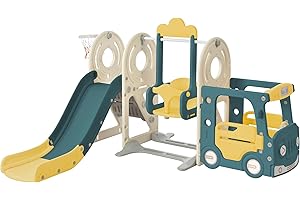 MOGAME Toddler Slide. 5-In-1 Kids Slide Set Including Bus, Slide, Activity Ladder, Basketball Hoop And Matching Basketball, Kids Play Area Playground Set for Children Age 3-8 Indoor & Outdoor (5 in 1)