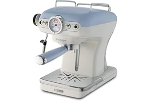 Ariete Espresso Vintage 1389, Machine à Café Expresso Pour Poudre Ou Dosette Ese, 1 Et 2 Tasses, Buse Cappuccino, Support de Tasse en Acier Inoxydable, 15 Bars, 850W, Bleu Clair