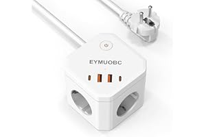Cube Multiprise 8-en-1 avec Interrupteur, 3680W, USB-C 20W Charge Rapide et Protection Surtension, EYMUOBC 3 Prises et 4 Ports USB, Câble d’Extension 1.8 m, pour Maison, Bureau et Voyage
