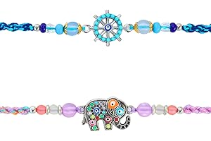 SWACRAFT Set of 2 Rakhi for Brother with Greeting Card and Roli Chawal – Fancy Elephant Rakhi & Designer Evil Eye Rakhi for Bhaiya, Small Brother & Bhabhi – Raksha Bandhan Gift Combo – VRDUK020