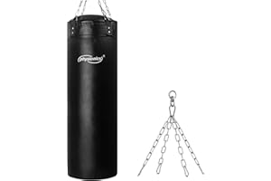 Physionics® Sacco da Boxe - Pieno, 100cm/120cm, 27kg/30kg, Sospensione a Catena Soffitto, Moschettone, Nero - Adulti Sacco Pugilato, Punching Bag, per Arti Marziali, MMA, Muay Thai (120 cm)
