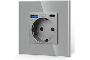 JIMEIDA Enchufe Individual con USB en Gris, 16Amp Enchufes Schuko de Cristal con Conector USB de Carga Rápida y Puerto Tipo C max.3.1A,-86mm, 250V, 1 compartimento