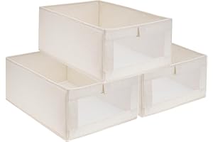 Geegear Organizador Armario Ropa, Cajas Almacenamiento Plegable de Tela 3 Piezas Grande Cajas de Almacenaje Cestas Almacenajes Organizadores para Armario Ropa Libros Cosméticos (Beige)
