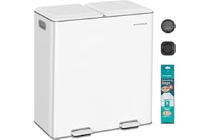 SONGMICS Cubo de Cocina, 2 x 30 L, Papelera Doble para Residuos y Reciclaje, con Tapas de Cierre Suave, Cubos Interiores Extraíbles, Pedales, Acero, Blanco Nube LTB743W02