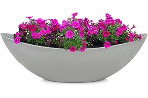 MATCHES21 HOME & HOBBY Oval Plant Bowl for Outdoor Use - 1 Piece Large Ship Decorative Bowl in Stone Look Light Grey as Flower Pot Plant Pot - 39 cm Jardiniere for Garden Balcony or Cemetery as Grave Decoration