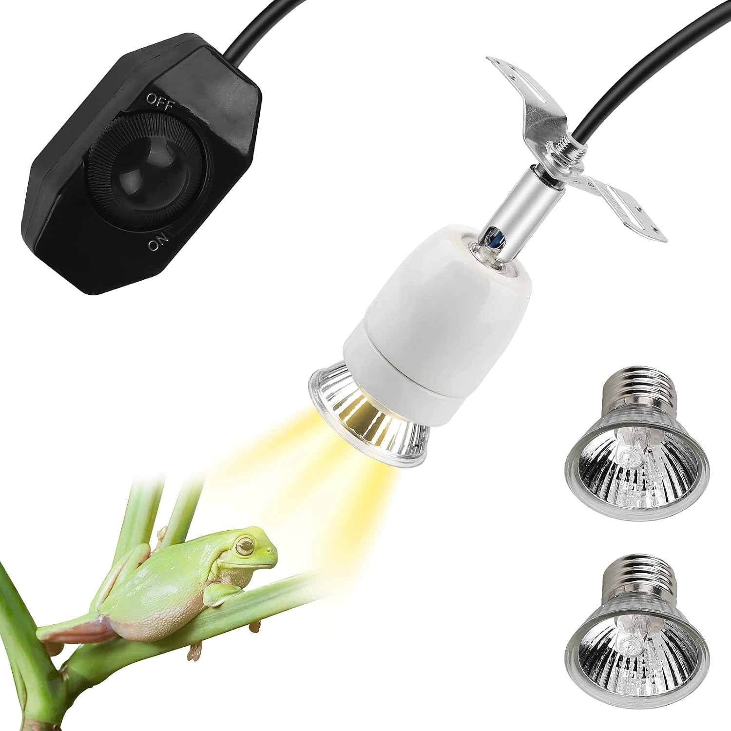 CPROSP Lámpara uvb Tortugas, Calefacción para Reptiles y Anfibios 360 ° Orientable, Fijación para Soporte de Lámpara (2 E27 Bombilla Incluida), Cable y Enchufe de 1,8 m, Temperatura Ajustable