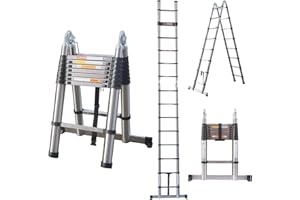 HUINI 5m Teleskopleiter Klappleiter (2,5m+2,5m) Mehrzweckleiter Stabilere Edelstahlleiter Ausziehbare Leiter Sicherheit rutschfest für Kletterdach/Hausarbeit/Dachbodennutzung