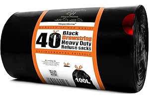 H HAYA HOME Haya Home 100L litre 40 Drawstring Bin Bags Heavy Duty Bin Liners Black Plastic Refuse Sacks tie top handle large Waste Dustbin Bags for Kitchen Home Office DIY Garden 100% Recycled Material