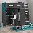 High Sleeper Storage Bed, Happy Beds Pegasus Anthracite Wood Modern Desk Wardrobe Drawers Cupboards Loft Bunk Frame - 3ft Single (90 x 190 cm) with Memory Foam Mattress Included