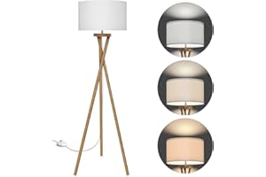 BBHome Lampadaire sur Pied Salon Bois Scandinave avec Ampoule LED E27 9W 3000K/4000K/6500K, Trépied avec Abat-Jour Blanc, Moderne pour Salon, Chambre, et Bureau